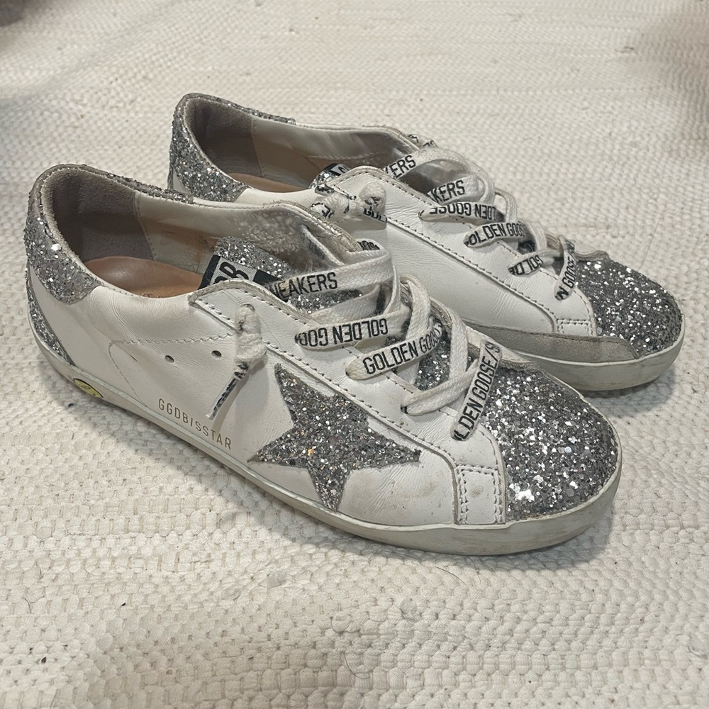 Golden goose kids silver glitter superstar sneakers white leather size eu 35